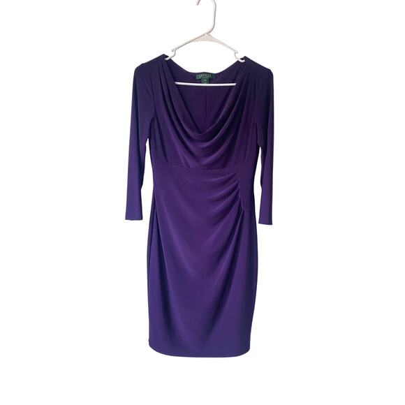 Lauren Ralph Lauren Dress 6P Purple Ruched Sheath 3/4 Sleeve Stretch Church Work - Picture 1 of 9